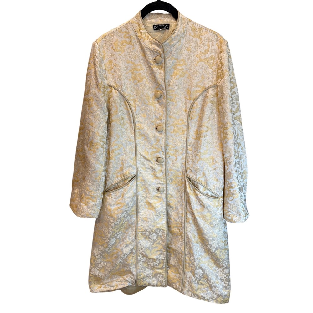 D'ECO Silk Blend Dragon Brocade Jacket Gold Cream Leather Trim Nepal Size 2